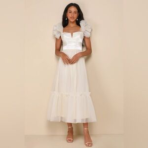 NWT Lulus Angelic Radiance Cream Tulle Ruffled Off-the-Shoulder Midi Dress